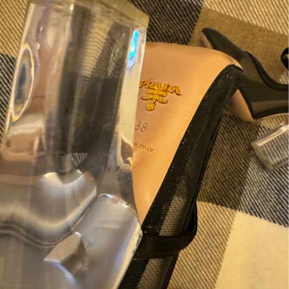 Prada Black Sheer Shoes with sewn-in straps and crystal clear heels . Size 7.5. - Picture 5 of 6